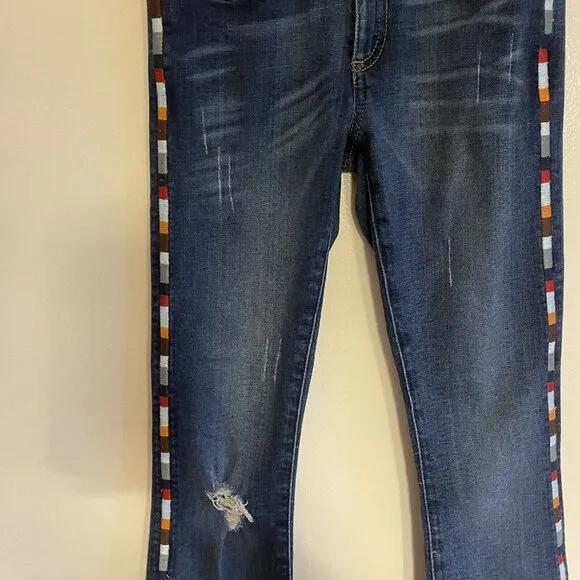 Miss Me Vintage Women 24 Distressed Denim Embroidered Boho Mid-Rise Flare Jeans