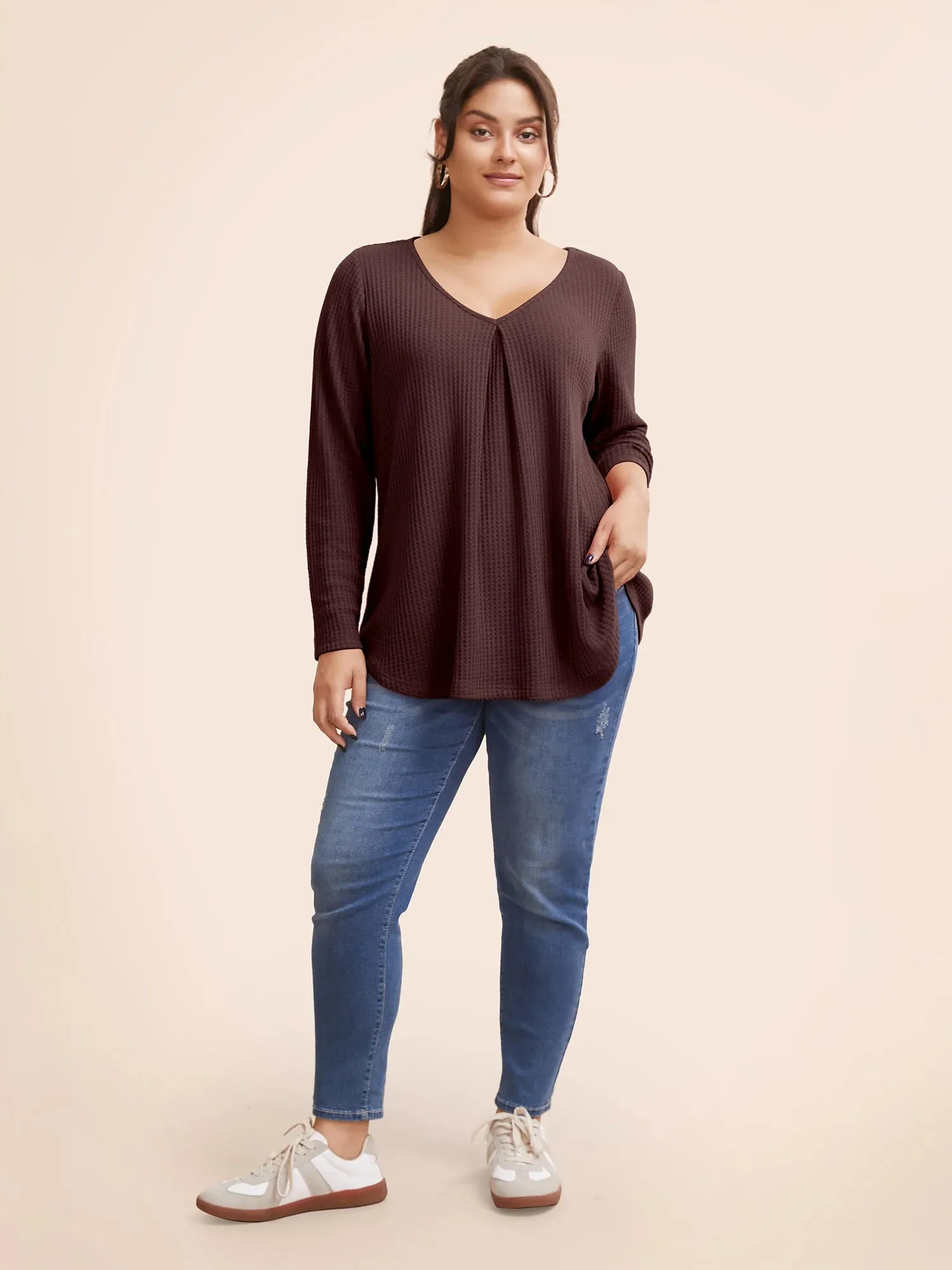 NEW Bloomchic Plain Waffle Knit Scoop Neck Plicated Detail T-shirt, Maroon, PLUS Sz 28