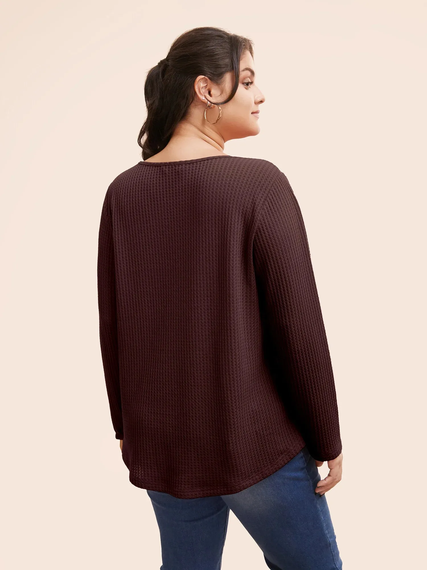 NEW Bloomchic Plain Waffle Knit Scoop Neck Plicated Detail T-shirt, Maroon, PLUS Sz 28