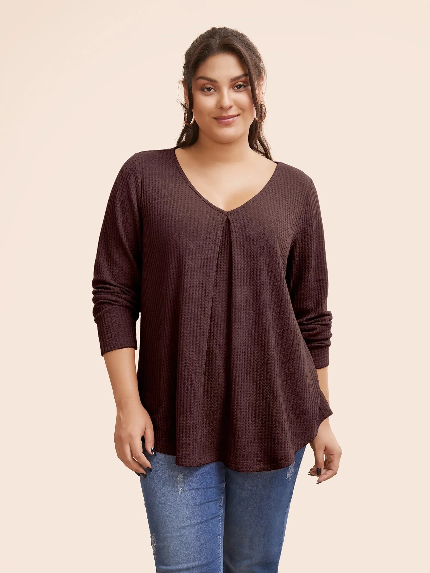NEW Bloomchic Plain Waffle Knit Scoop Neck Plicated Detail T-shirt, Maroon, PLUS Sz 28