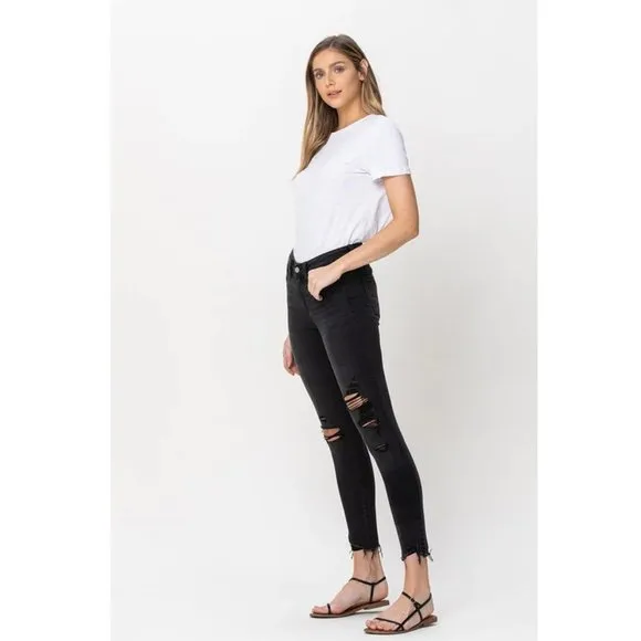 NWT Flying Monkey Black Label Distressed Low Waist Raw Hem Skinny Jeans Gray 26