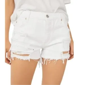 NWT Free People Optic White Maggie Mid-Rise Distressed Denim Jean Shorts…