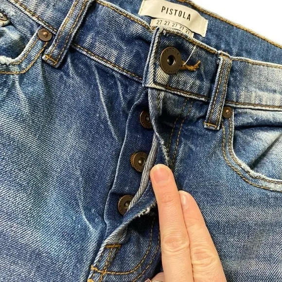 Pistola Distressed High Waisted Hidden Button Fly Ankle Denim Jeans Size 27