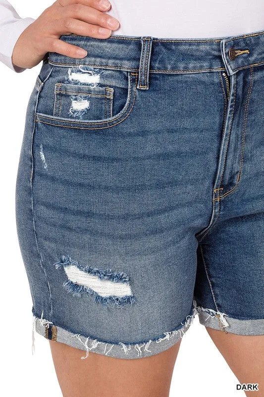 PLUS DISTRESSED CUFFED RAW HEM DENIM SHORTS