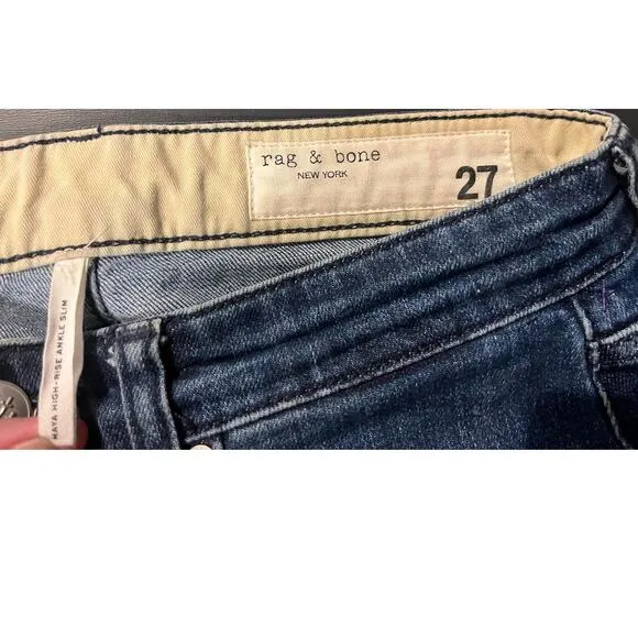 Rag &amp; bone women's jeans, Maya High-Rise Ankle Slim, 27, distressed, button fly