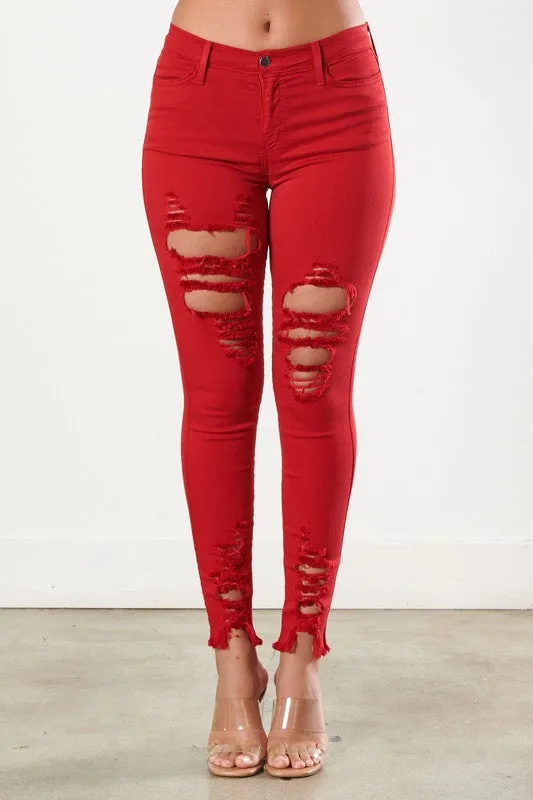 Red Distressed Skinny Jeans