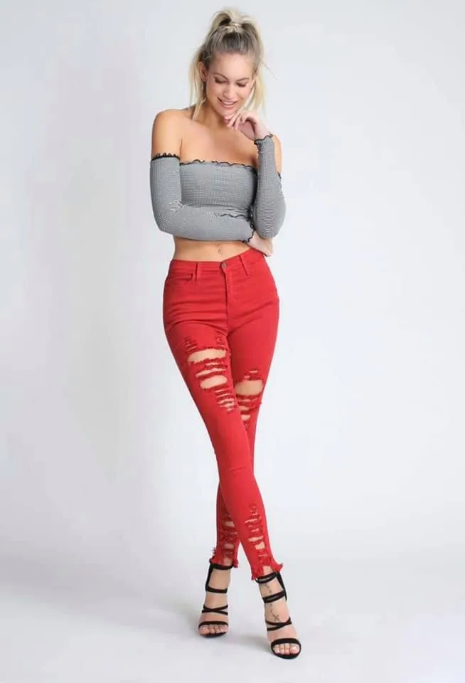 Red Distressed Skinny Jeans