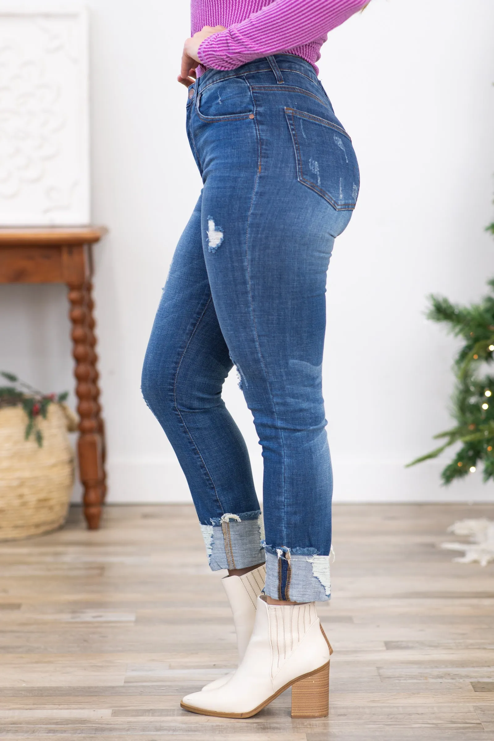 Risen Mid Rise Frayed Cuff Ankle Jeans
