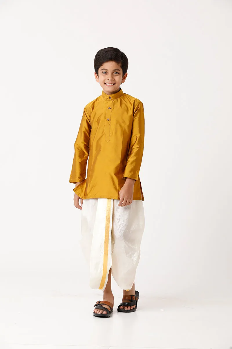Rising Ideal - Golden Yellow Kurta and Panchakacham With Towel 3 in 1 Silk Set For Kids | Uathayam