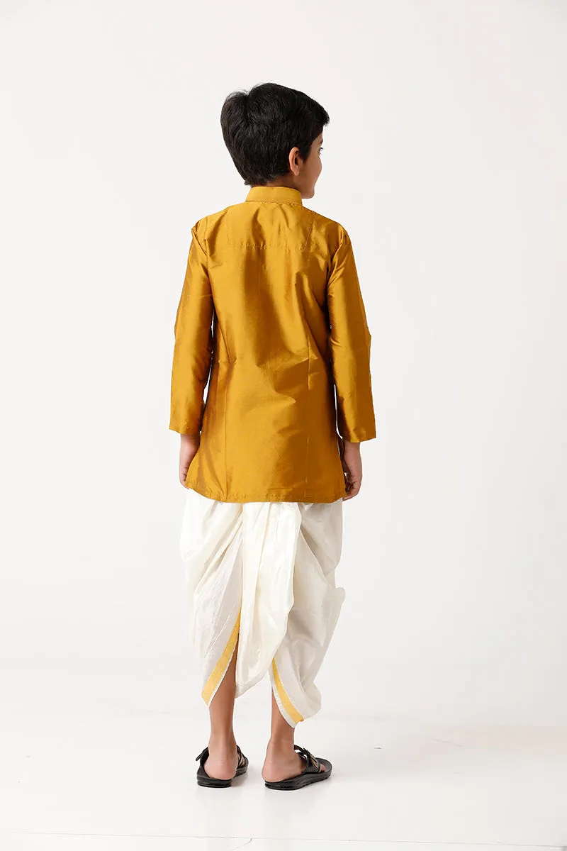 Rising Ideal - Golden Yellow Kurta and Panchakacham With Towel 3 in 1 Silk Set For Kids | Uathayam