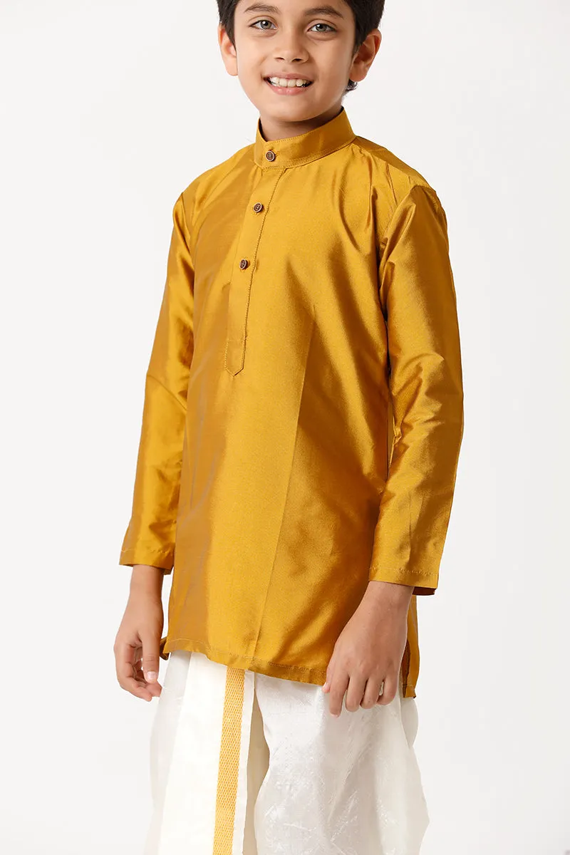 Rising Ideal - Golden Yellow Kurta and Panchakacham With Towel 3 in 1 Silk Set For Kids | Uathayam