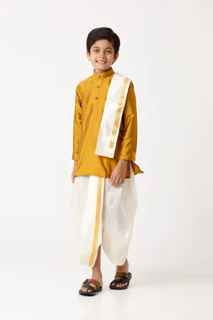 Rising Ideal - Golden Yellow Kurta and Panchakacham With Towel 3 in 1 Silk Set For Kids | Uathayam