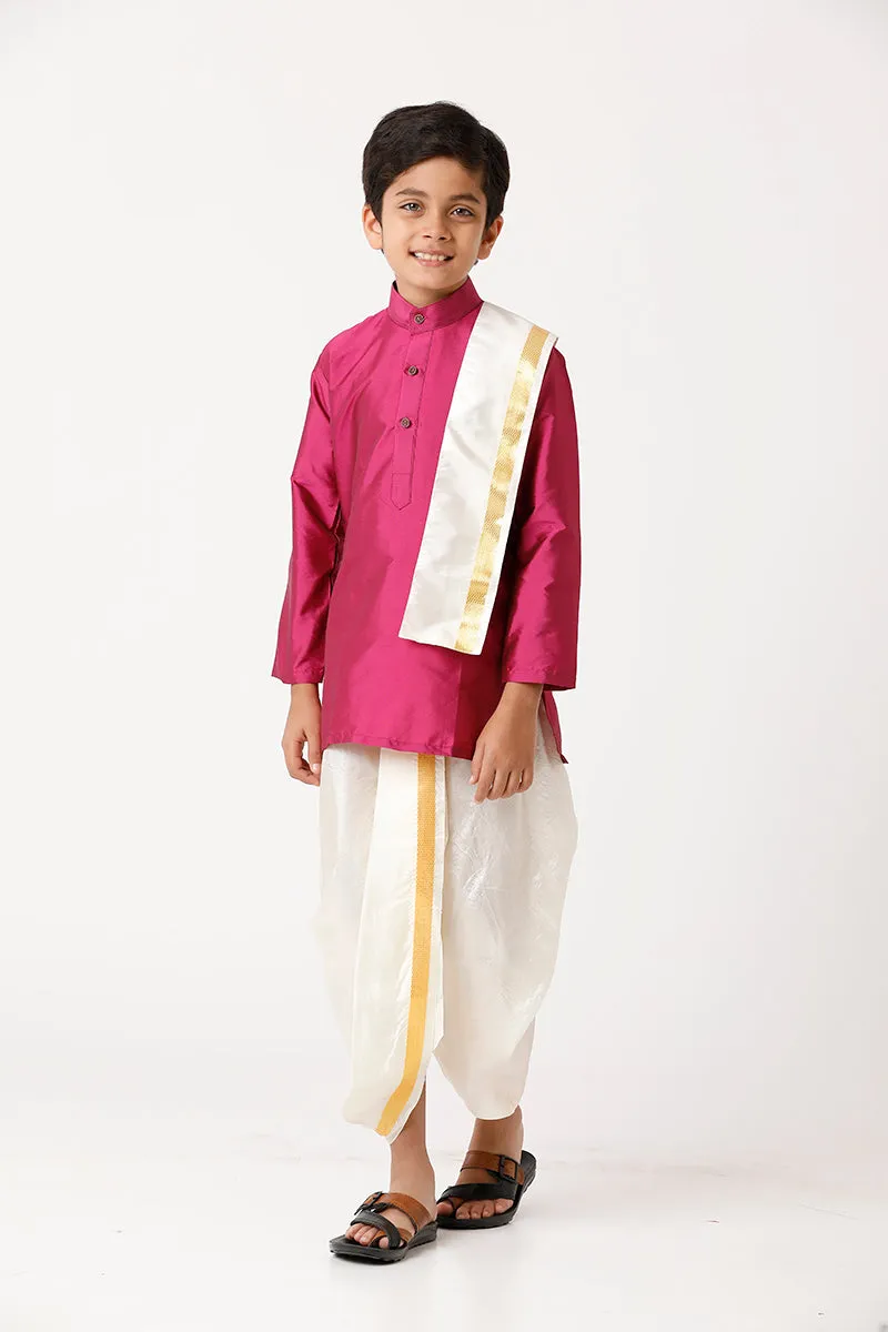 Rising Ideal - Pink Kurta and Panchakacham With Towel 3 in 1 Silk Set For Kids | Uathayam