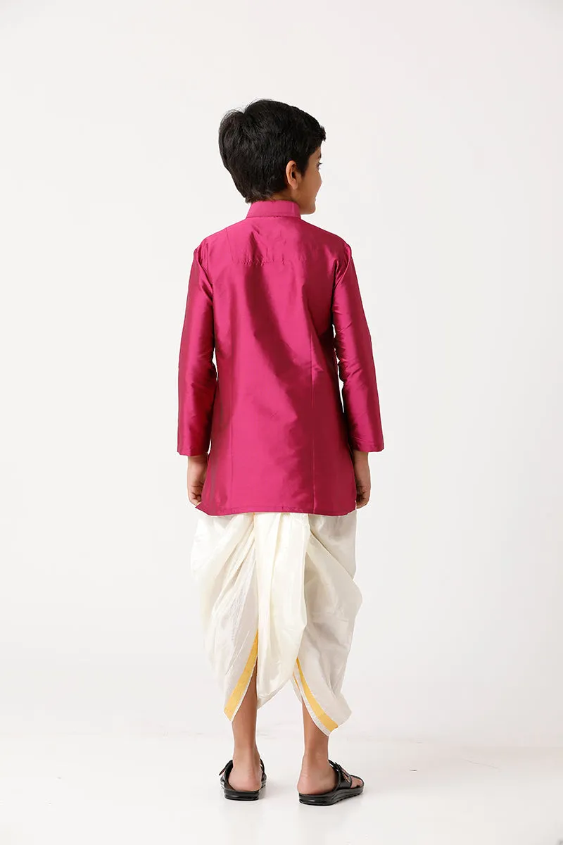 Rising Ideal - Pink Kurta and Panchakacham With Towel 3 in 1 Silk Set For Kids | Uathayam