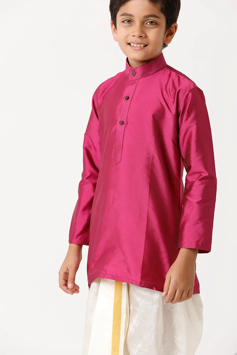 Rising Ideal - Pink Kurta and Panchakacham With Towel 3 in 1 Silk Set For Kids | Uathayam