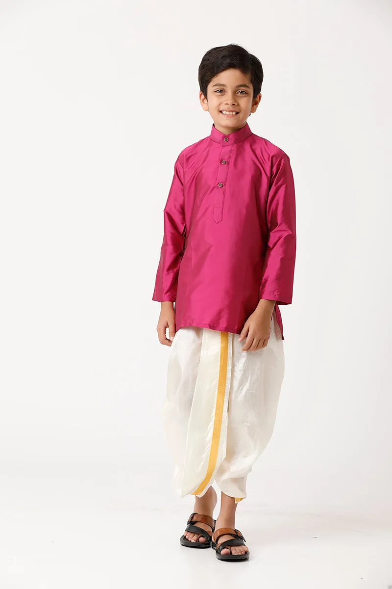 Rising Ideal - Pink Kurta and Panchakacham With Towel 3 in 1 Silk Set For Kids | Uathayam