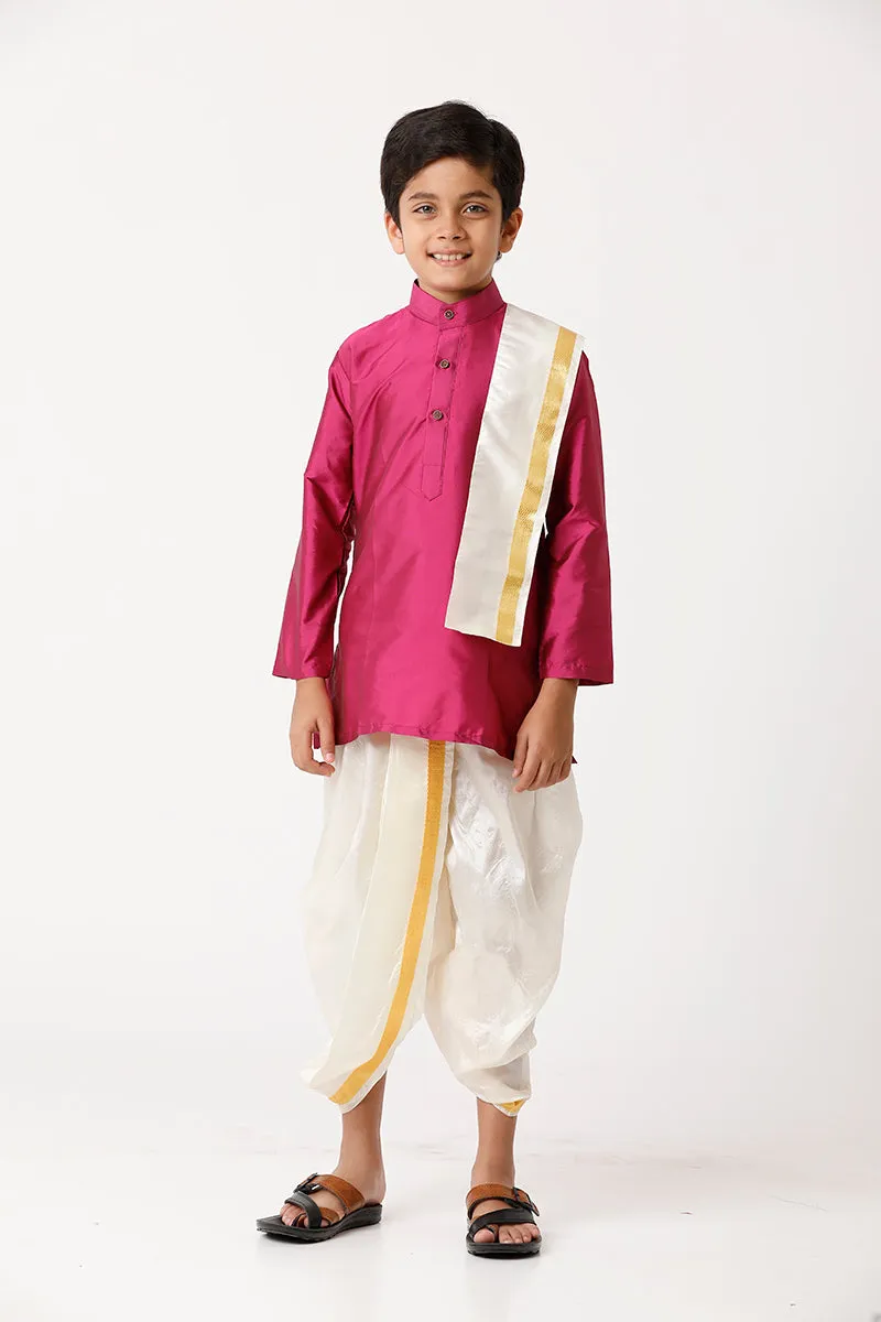 Rising Ideal - Pink Kurta and Panchakacham With Towel 3 in 1 Silk Set For Kids | Uathayam