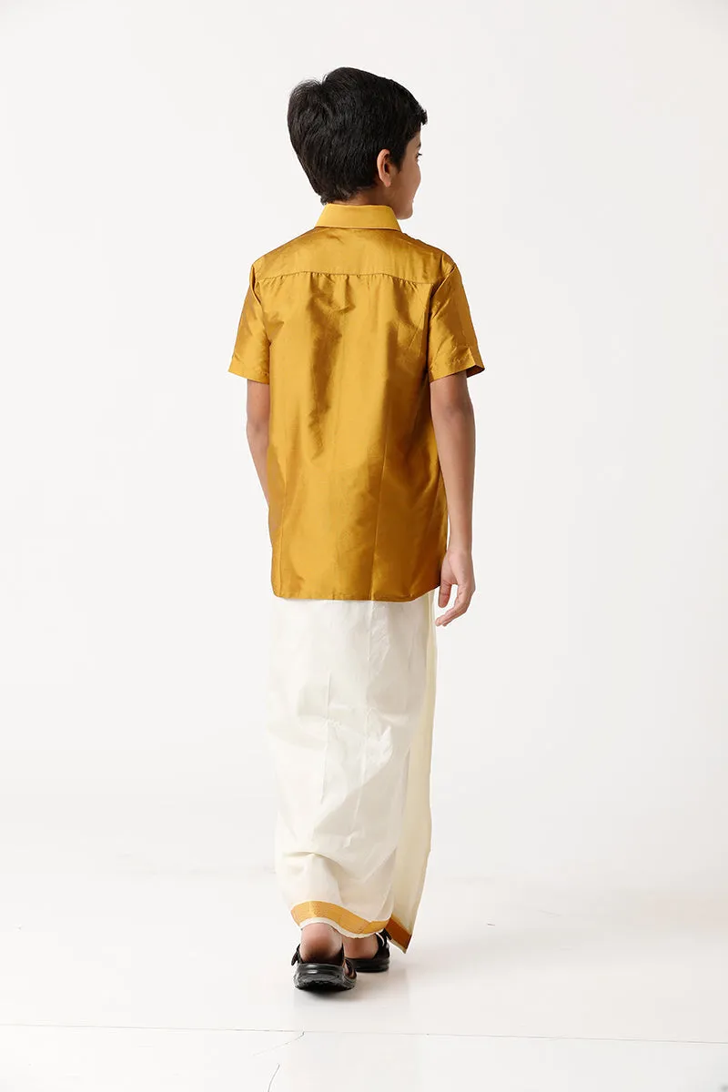 Rising Star - Golden Yellow Matching Fixit Dhoti and Shirt 3 in 1 Set For Kids | Uathayam