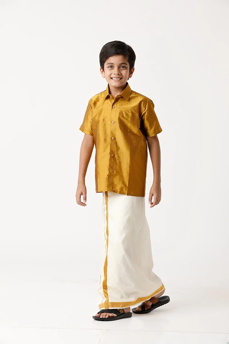 Rising Star - Golden Yellow Matching Fixit Dhoti and Shirt 3 in 1 Set For Kids | Uathayam