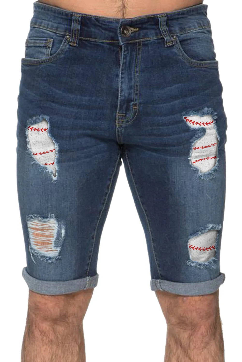 Sky Blue Men's Baseball Pattern Patchwork Skinny Distressed Jeans