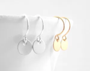 Tiny Disc Earrings, extra small earring, mini disk earring, silver coin earring, plain round earring, little gold disk, round silver dangle