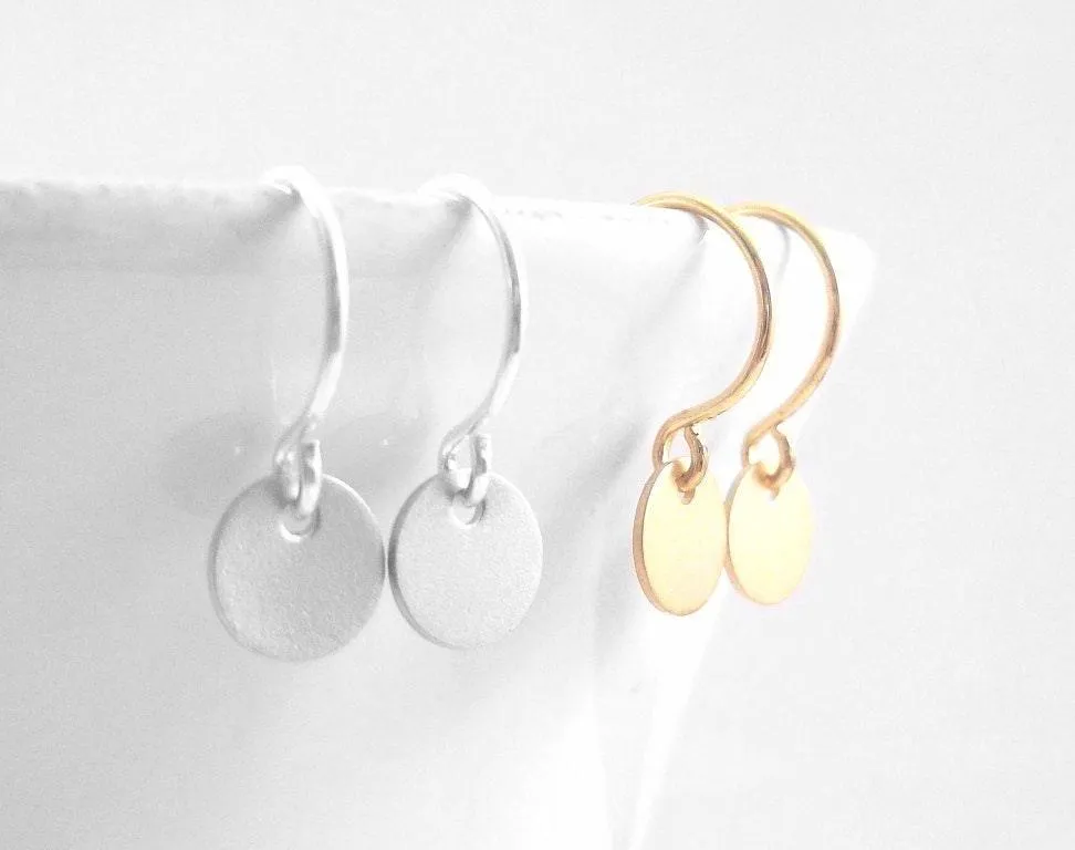Tiny Disc Earrings, extra small earring, mini disk earring, silver coin earring, plain round earring, little gold disk, round silver dangle