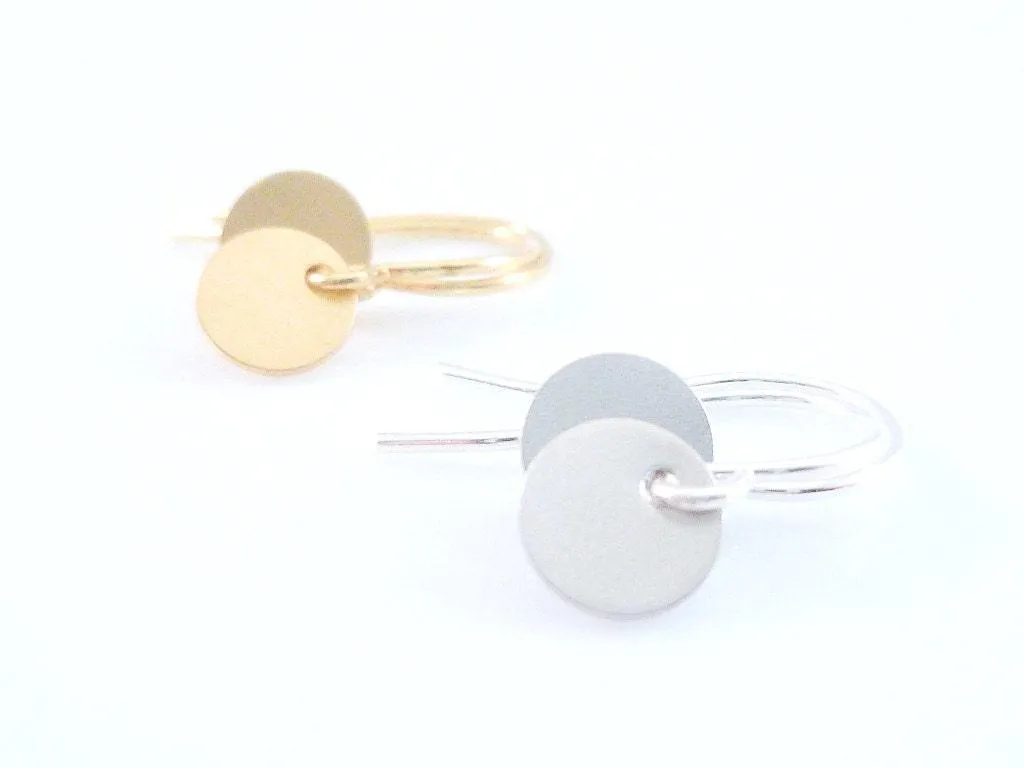 Tiny Disc Earrings, extra small earring, mini disk earring, silver coin earring, plain round earring, little gold disk, round silver dangle