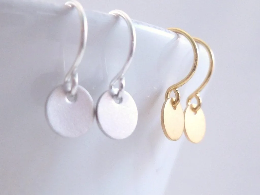 Tiny Disc Earrings, extra small earring, mini disk earring, silver coin earring, plain round earring, little gold disk, round silver dangle