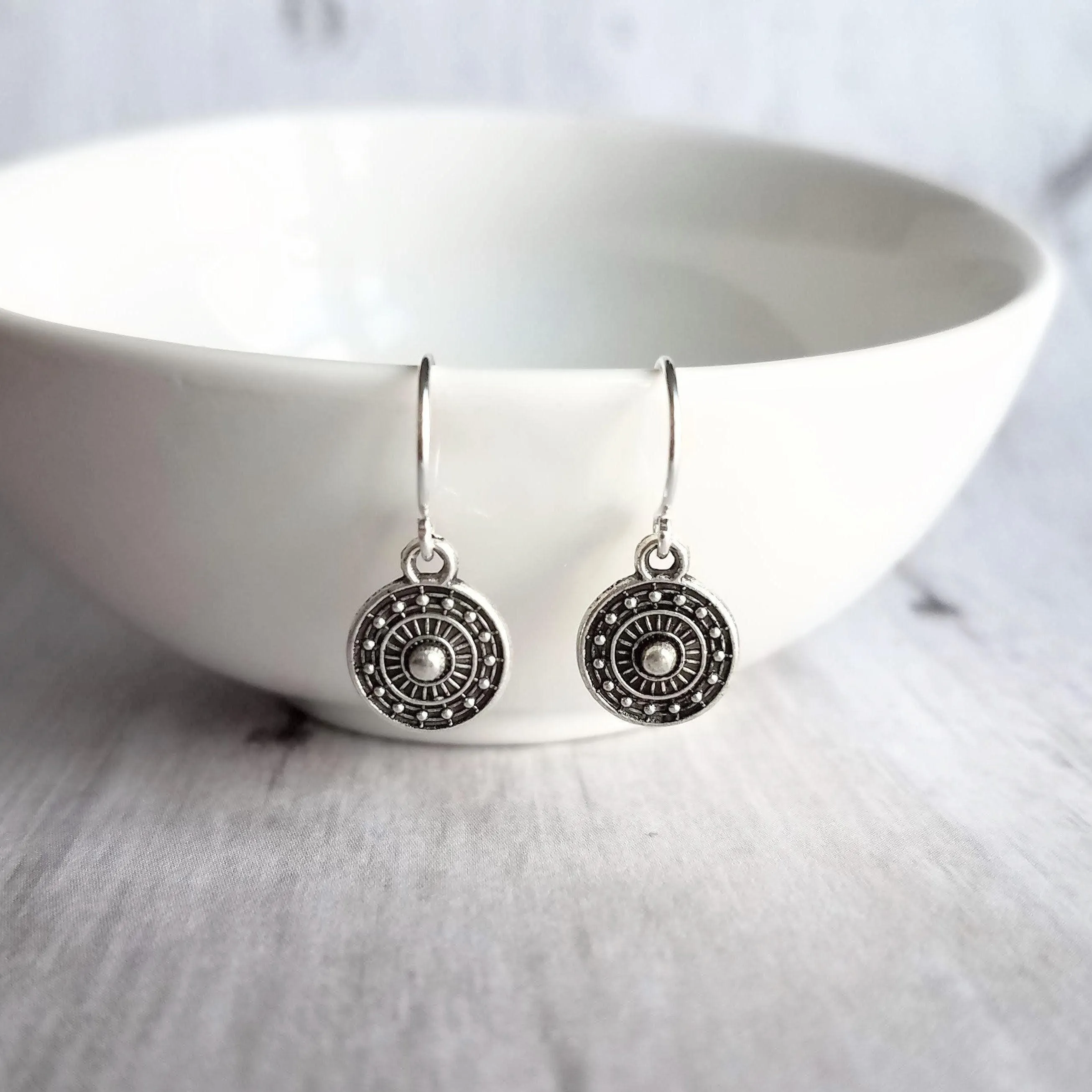 Tiny Silver Medallion Earrings, small round dangle earring, antique silver earring, silver tribal earring, .925 sterling silver hook option