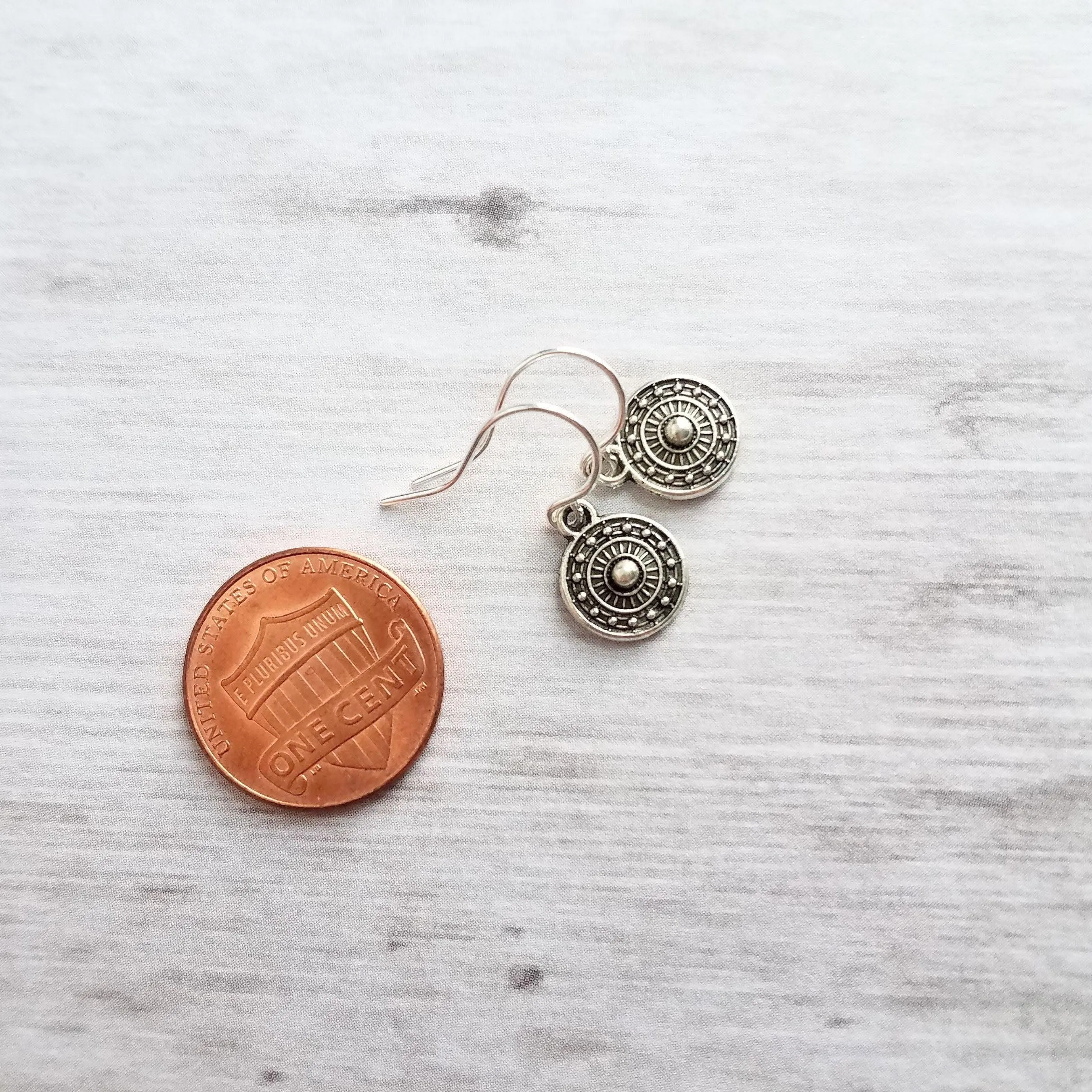 Tiny Silver Medallion Earrings, small round dangle earring, antique silver earring, silver tribal earring, .925 sterling silver hook option