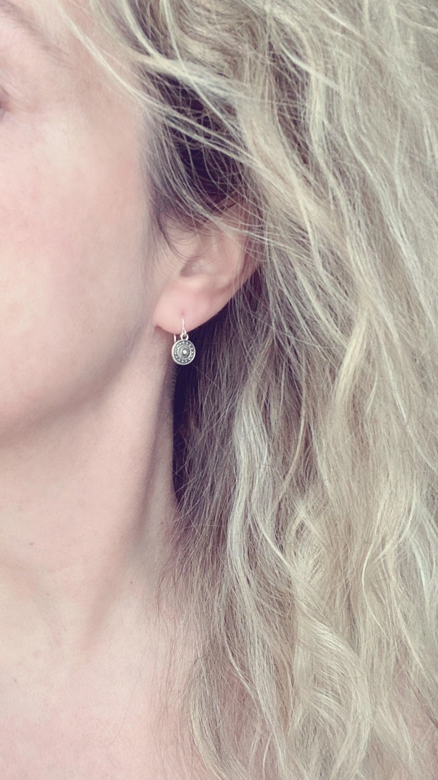 Tiny Silver Medallion Earrings, small round dangle earring, antique silver earring, silver tribal earring, .925 sterling silver hook option