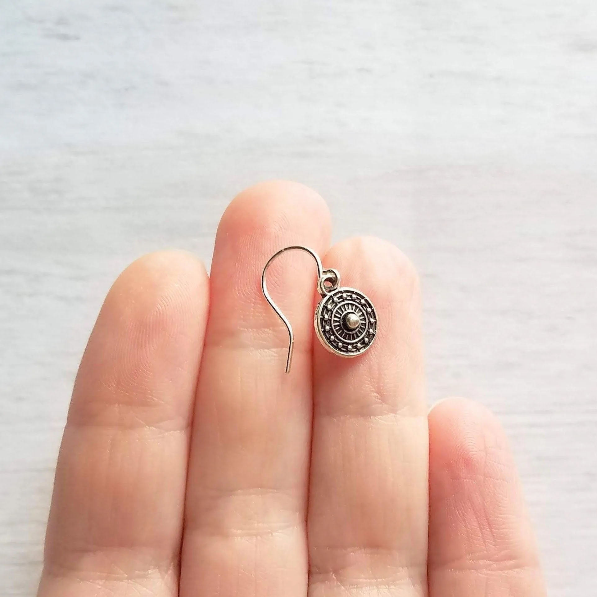 Tiny Silver Medallion Earrings, small round dangle earring, antique silver earring, silver tribal earring, .925 sterling silver hook option