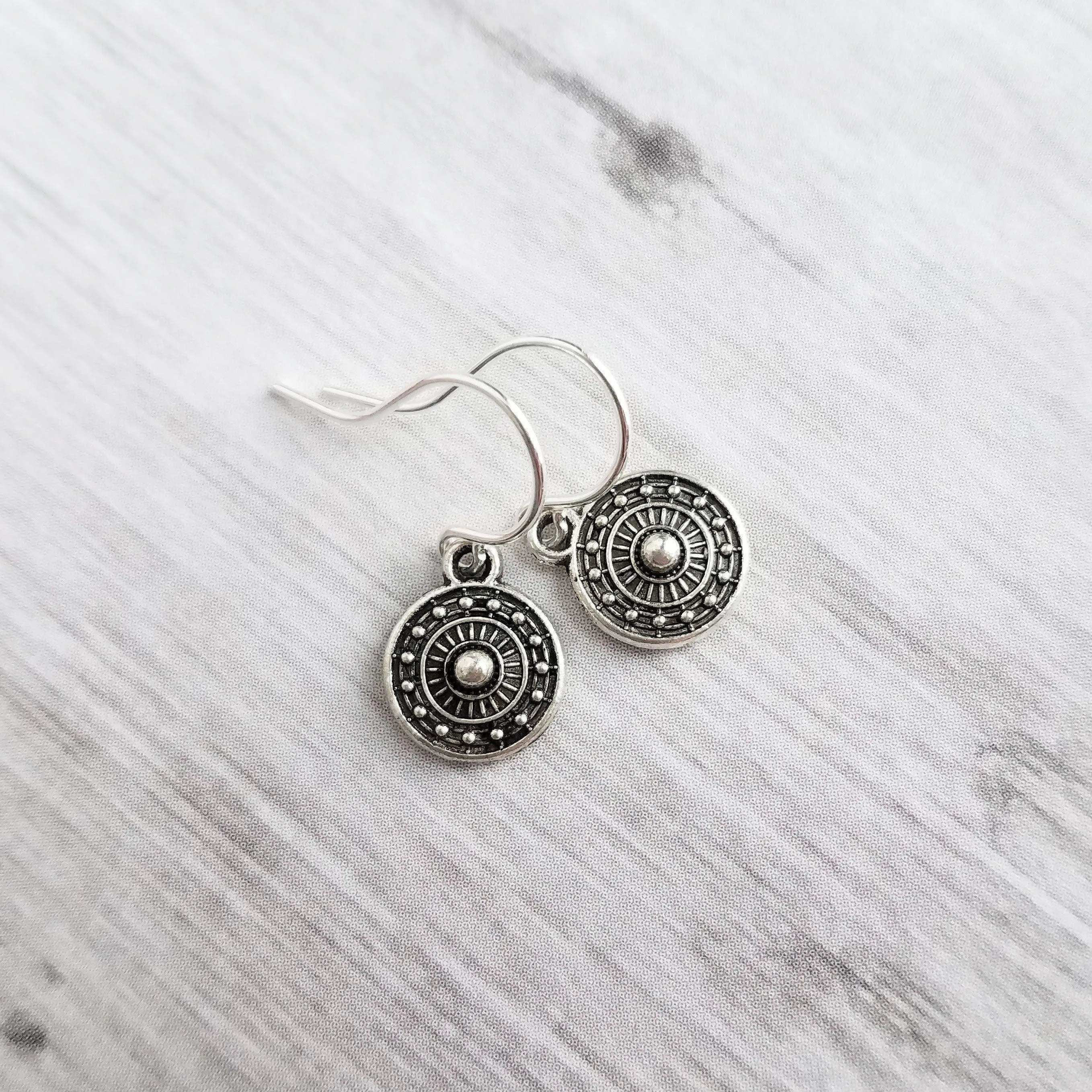 Tiny Silver Medallion Earrings, small round dangle earring, antique silver earring, silver tribal earring, .925 sterling silver hook option