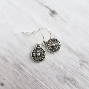 Tiny Silver Medallion Earrings, small round dangle earring, antique silver earring, silver tribal earring, .925 sterling silver hook option