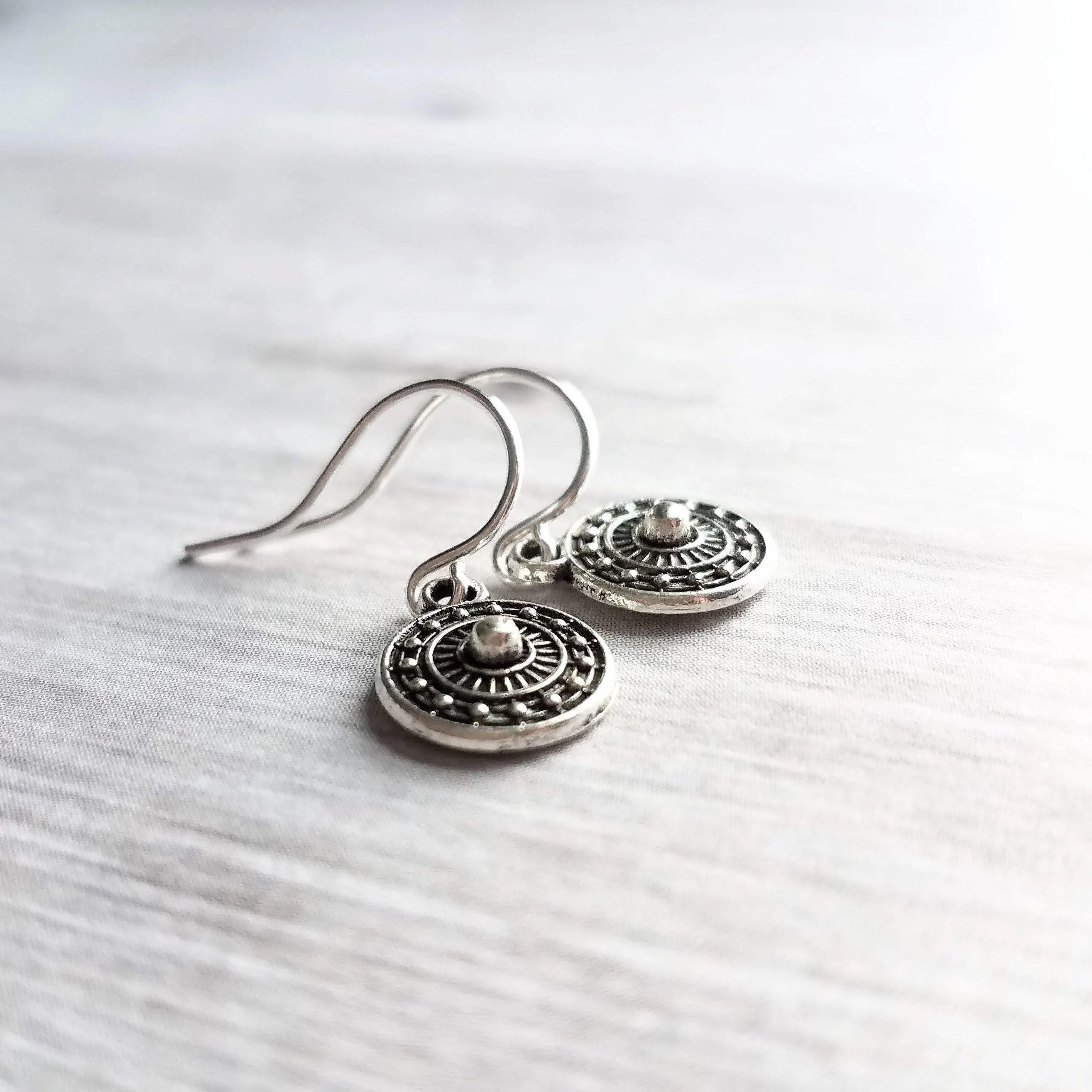 Tiny Silver Medallion Earrings, small round dangle earring, antique silver earring, silver tribal earring, .925 sterling silver hook option