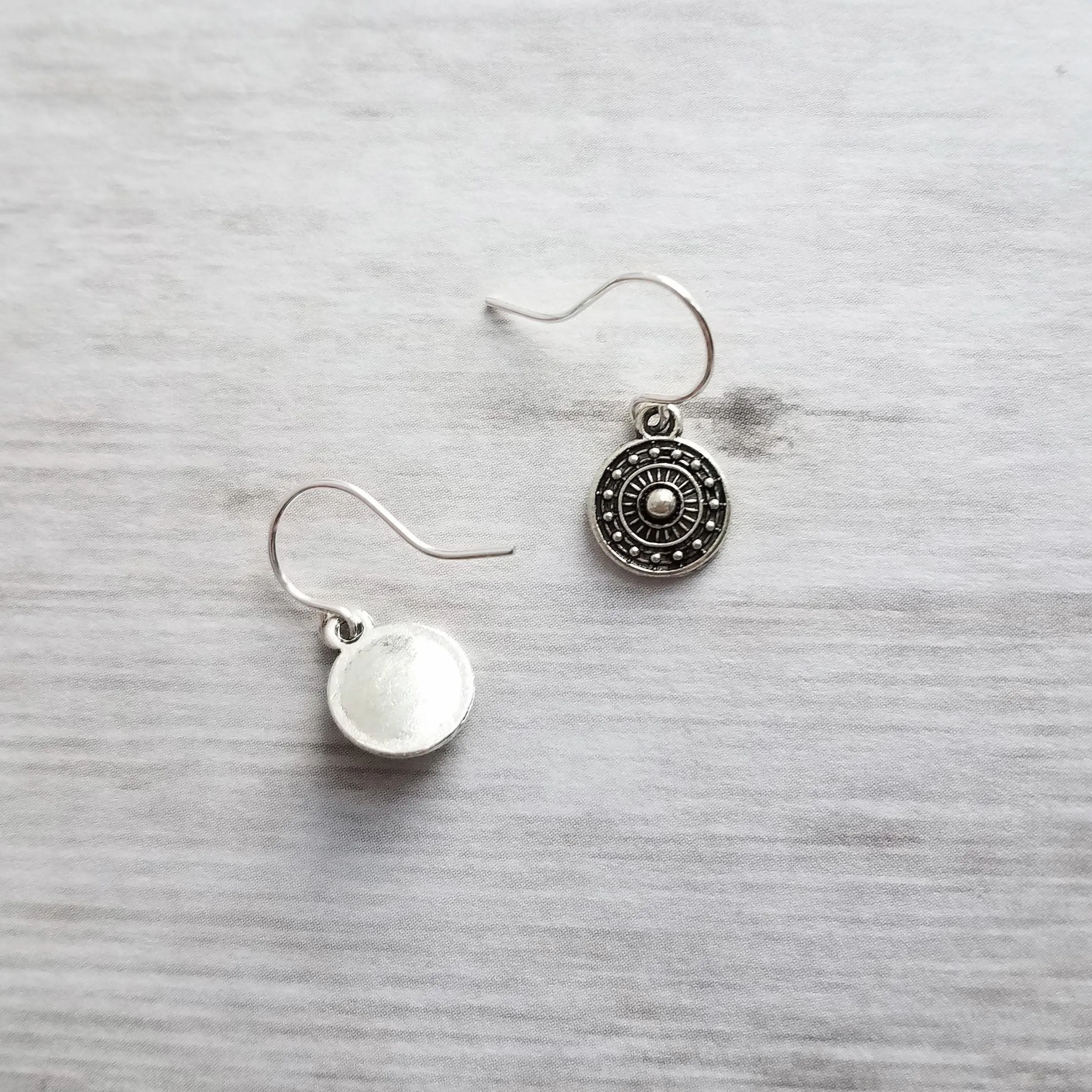 Tiny Silver Medallion Earrings, small round dangle earring, antique silver earring, silver tribal earring, .925 sterling silver hook option