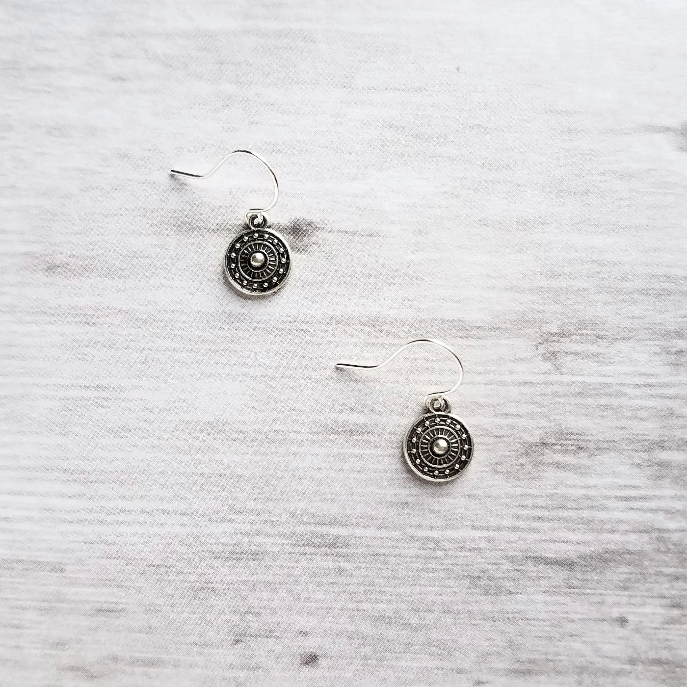 Tiny Silver Medallion Earrings, small round dangle earring, antique silver earring, silver tribal earring, .925 sterling silver hook option