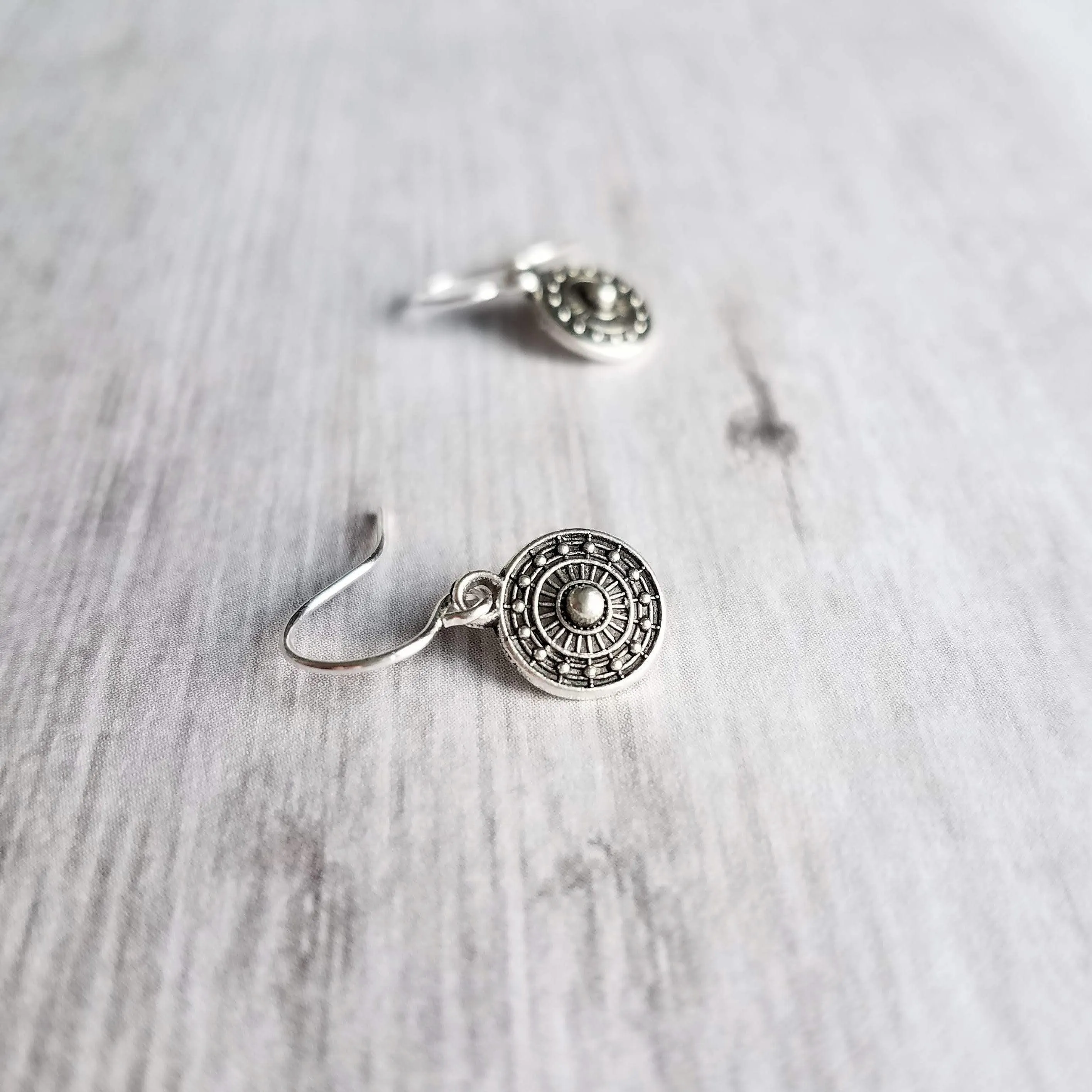Tiny Silver Medallion Earrings, small round dangle earring, antique silver earring, silver tribal earring, .925 sterling silver hook option