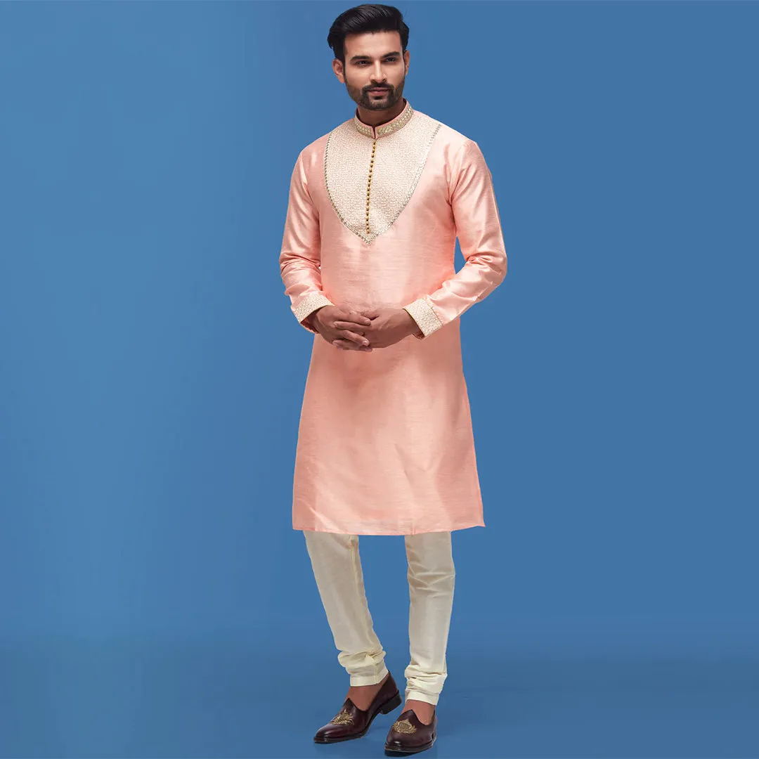 Traditional Peach-Coloured Art Silk Kurta for Men