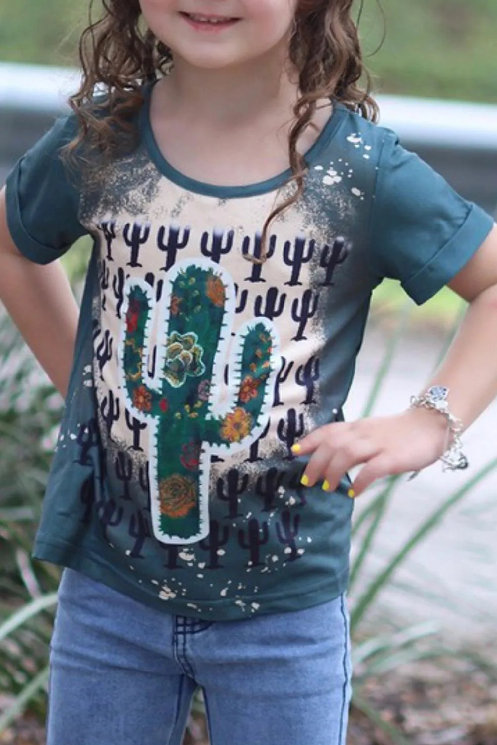 Western Cactus Print Short Sleeve Girl's Graphic Te