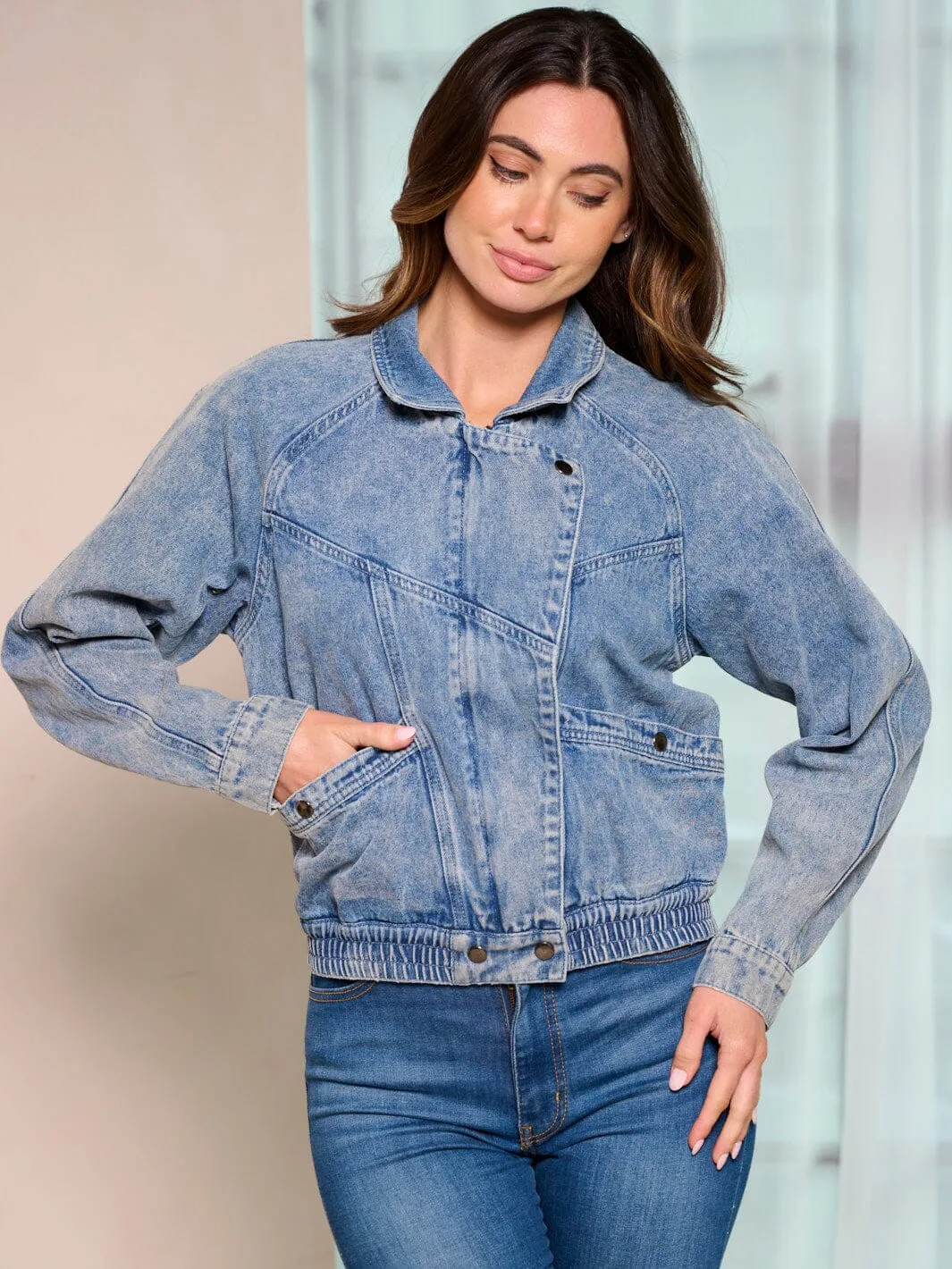 WOMEN'S LONG SLEEVE ZIP UP POCKETS DENIM JACKET