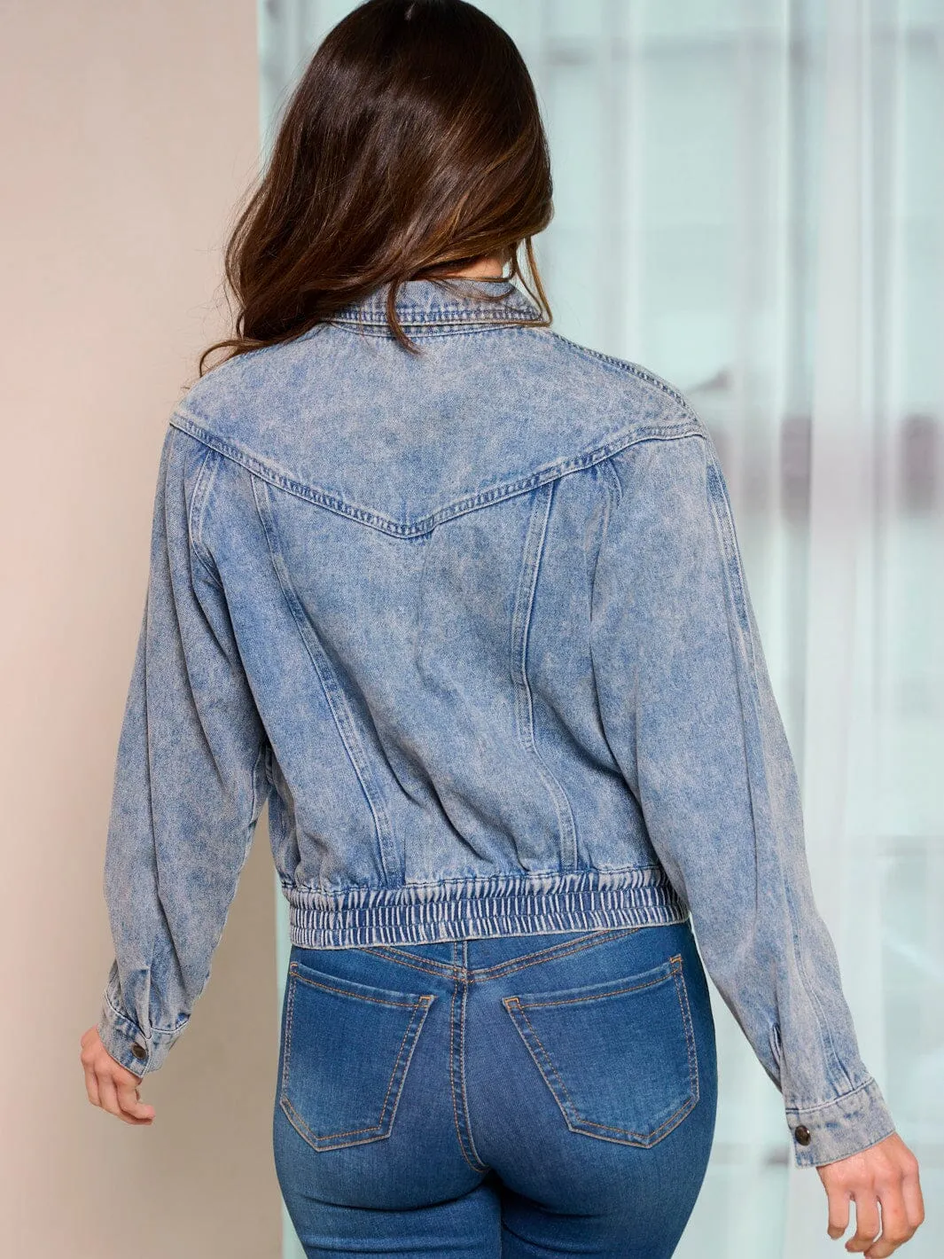 WOMEN'S LONG SLEEVE ZIP UP POCKETS DENIM JACKET