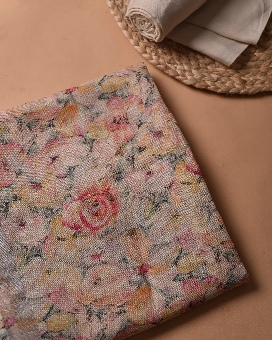 Yellow With Pink Pure Linen Printed Unstitched Co-ord Set Fabric With Linen Bottom Fabric