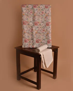 Yellow With Pink Pure Linen Printed Unstitched Co-ord Set Fabric With Linen Bottom Fabric