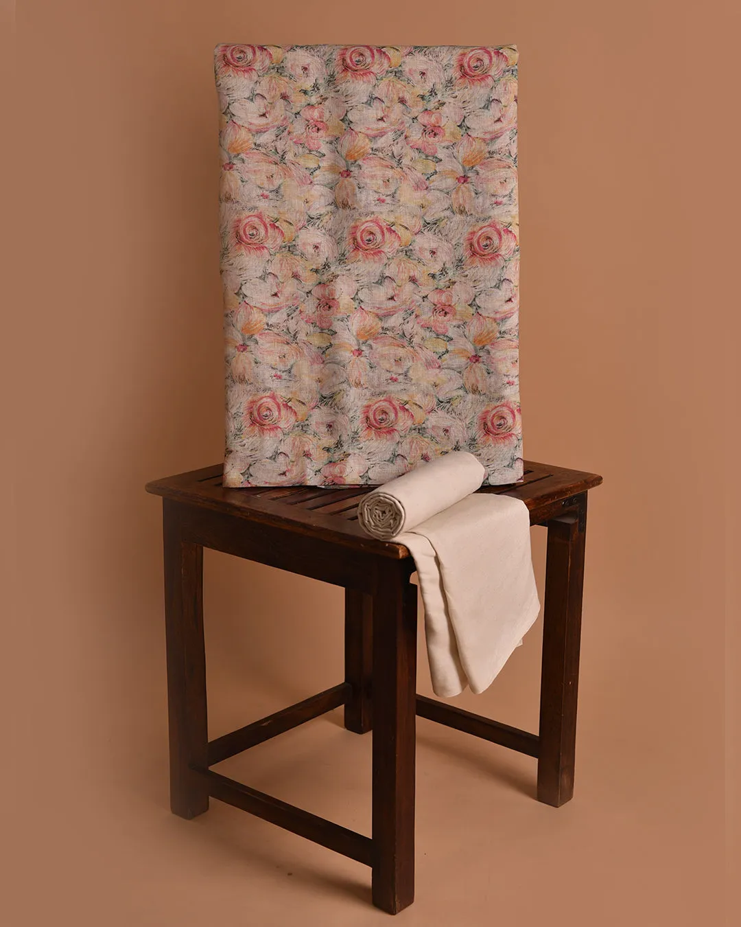 Yellow With Pink Pure Linen Printed Unstitched Co-ord Set Fabric With Linen Bottom Fabric